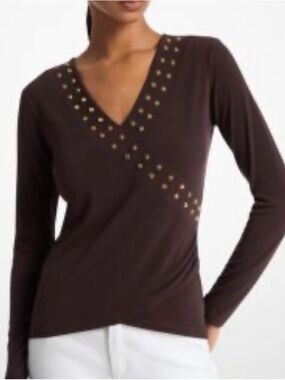 Michael Kors Stud-Detail Long Sleeve V-Neck Top - Brown
